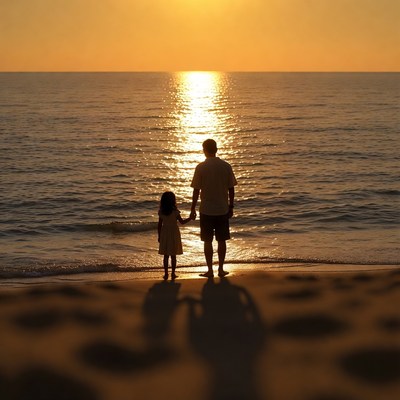 Father and daughter at sunset beach