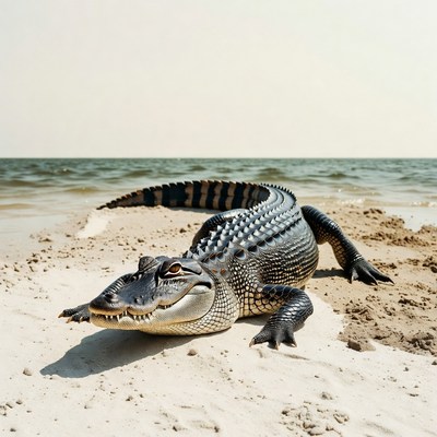 Alligator lying on beach shore