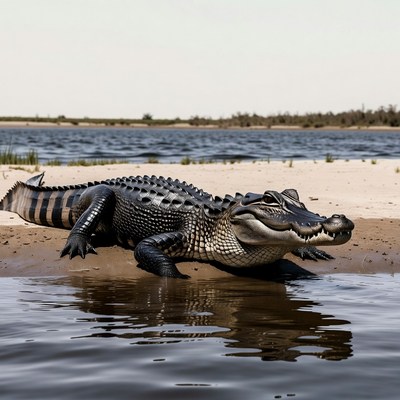 Alligator on sandy riverbank