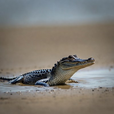 Alligator on sandy shore