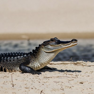 American alligator on sandy riverbank