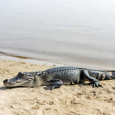 Alligator lying on sandy shore