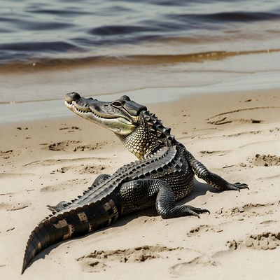 Alligator resting on sandy beach