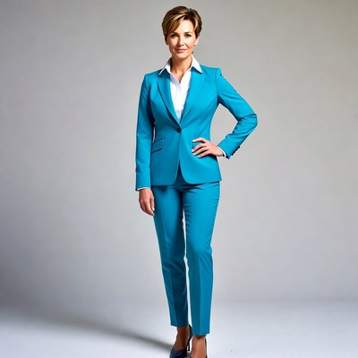 Woman in turquoise suit standing confidently