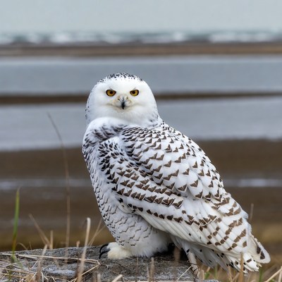 Snowy Owl Perched on Tundra Grass