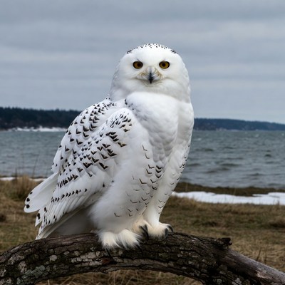 Snowy Owl Perched on Branch by Lake