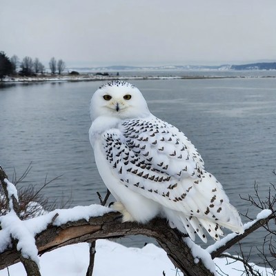 Snowy Owl Perched on Snowy Branch