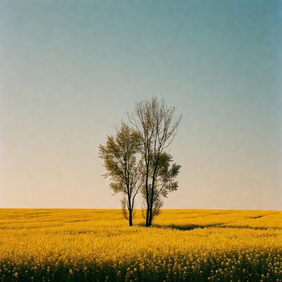 Two Trees in Yellow Rapeseed Field