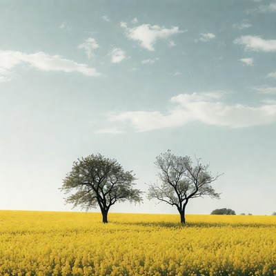Two Trees in Yellow Rapeseed Field
