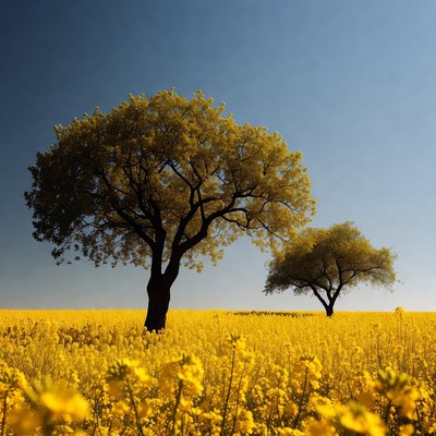 Yellow Trees in Rapeseed Field