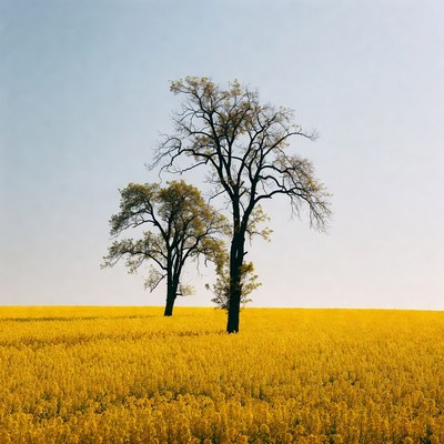 Two Bare Trees in Yellow Rapeseed Field