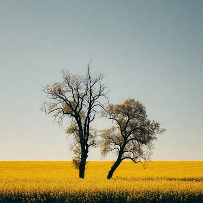 Two Bare Trees in Yellow Field