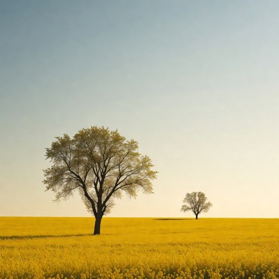 Two Trees in Yellow Rapeseed Field