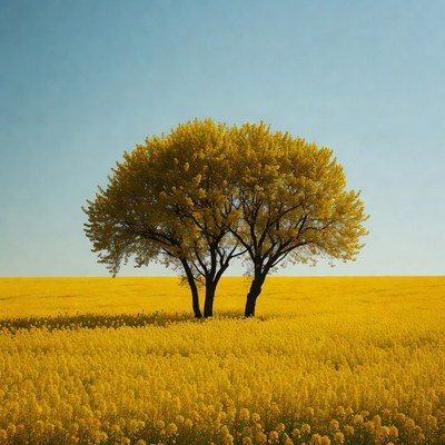 Yellow Tree in Rapeseed Field