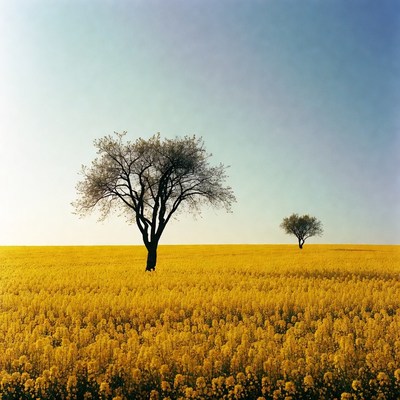 Lone trees in yellow canola field