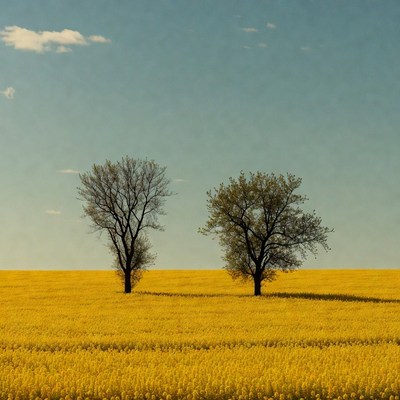 Two Trees in Yellow Rapeseed Field