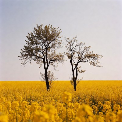 Two Trees in Yellow Rapeseed Field