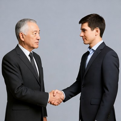Elderly Asian man shaking hands with young man