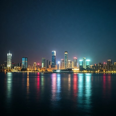 Vibrant Night Skyline Over River