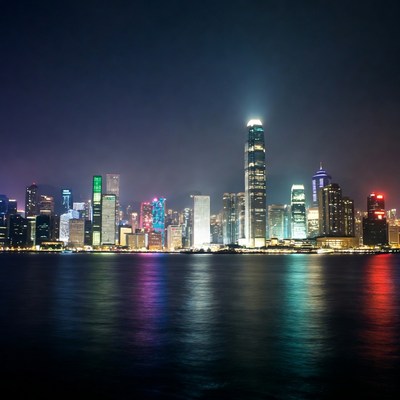 Hong Kong Skyline at Night with Reflections