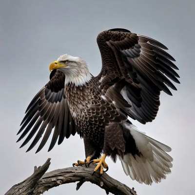 Bald eagle spreading wings on branch