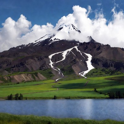 Snow-capped volcano over green valley lake