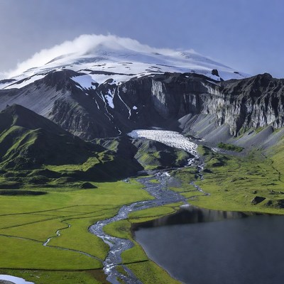 Snow-capped mountain with glacier and river