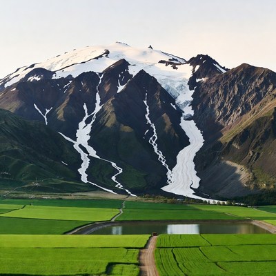 Snow-capped mountain over green fields