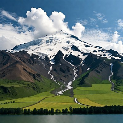 Snow-capped mountain over green valley lake