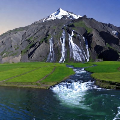 Snowy Mountain with Waterfalls and River