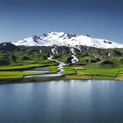 Snowy Mountains Over Green Terraced Fields Lake