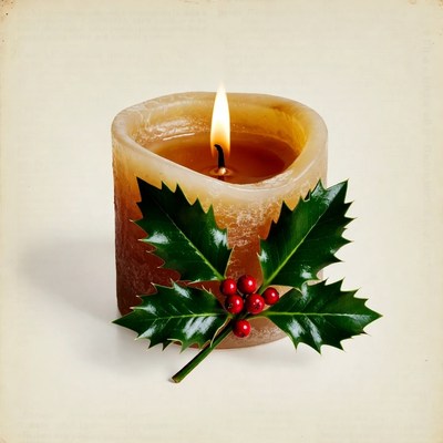 Lit Candle with Holly Leaves