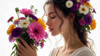 Woman smelling colorful bouquet