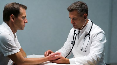Doctor checking man's pulse