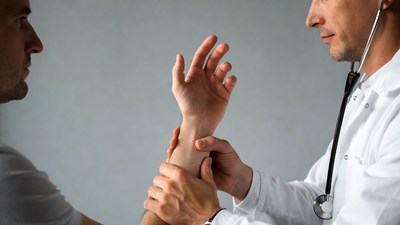 Doctor examining man's wrist