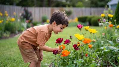 Boy smelling colorful flowers