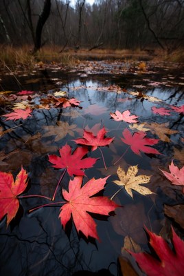 Red Maple Leaves Floating in Forest Pond
