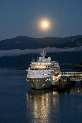 Cruise Ship Docked at Night with Moon
