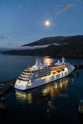 White Cruise Ship Docked at Night
