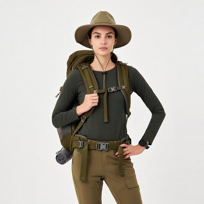 Woman wearing backpack and hat