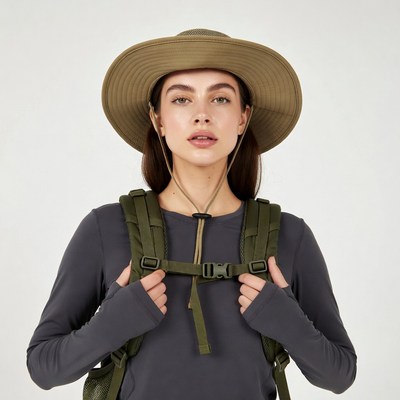 Woman wearing backpack and hat