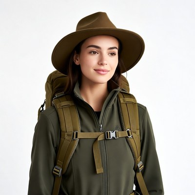 Woman wearing fedora hat and backpack