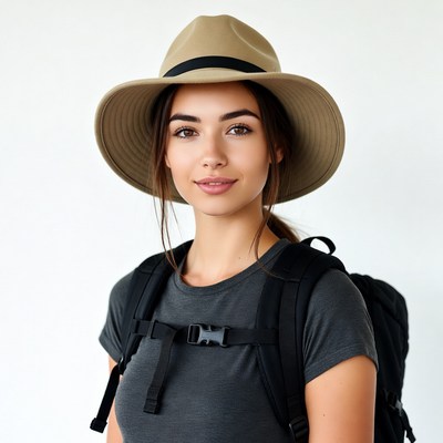 Woman in beige hat with backpack