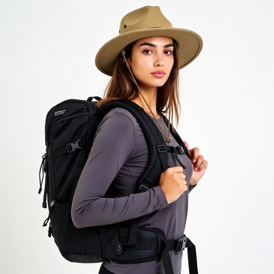 Woman wearing backpack and hat