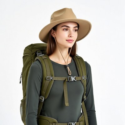 Woman wearing backpack and hat
