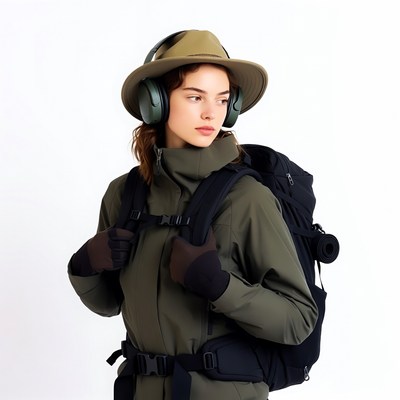 Woman in green jacket with backpack and headphones