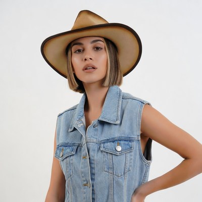 Woman wearing cowboy hat and denim vest
