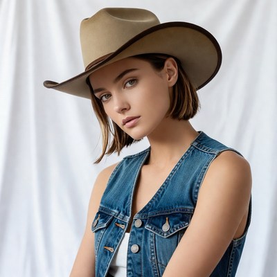 Woman wearing cowboy hat and denim vest