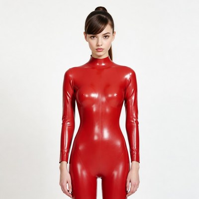 Woman in red latex bodysuit