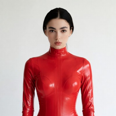 Asian woman in red latex dress